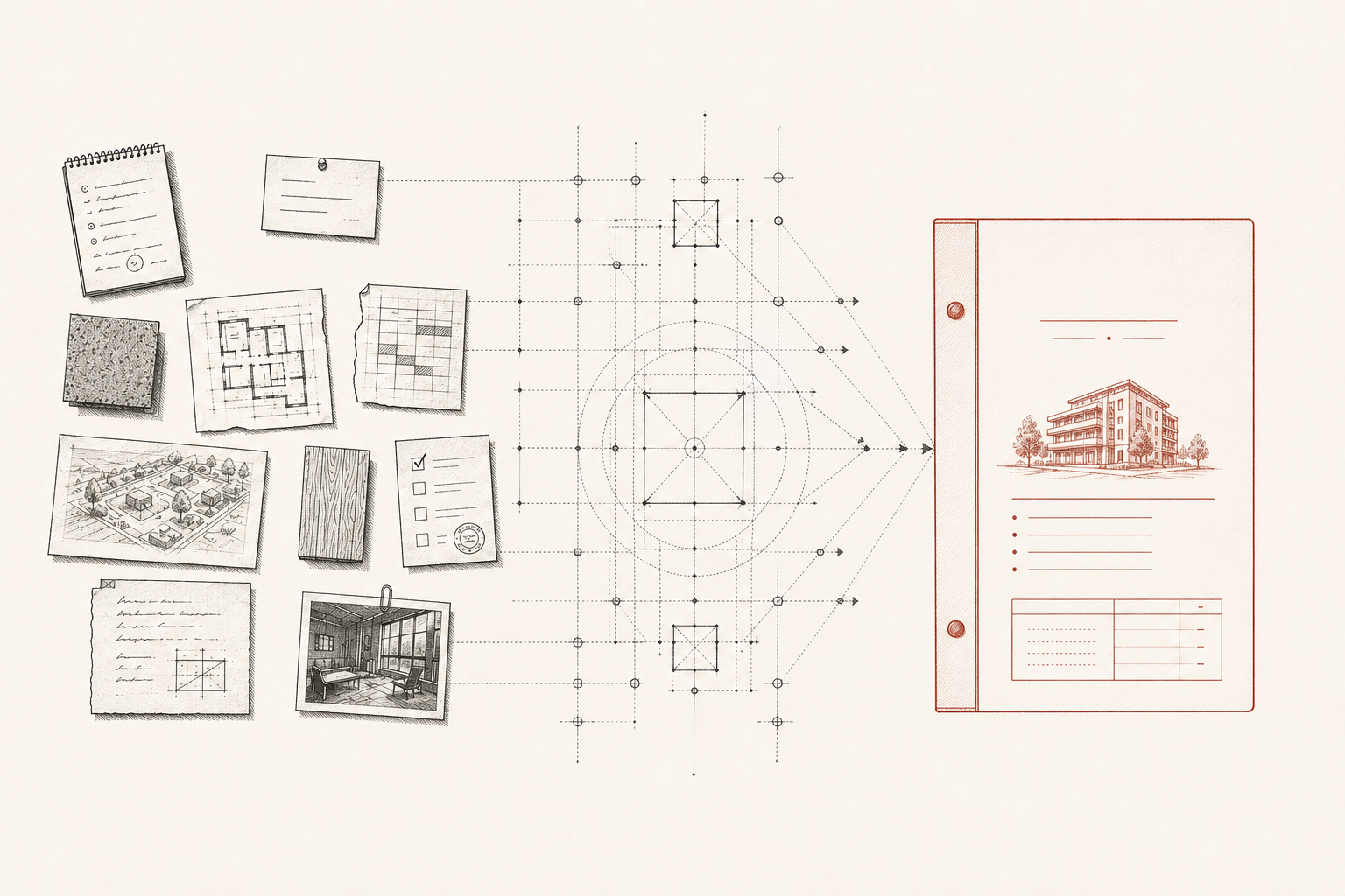 Illustration of the Real Estate Developer Assembly: a project's progress, photographs, selections, and approvals gathered into one client portal.