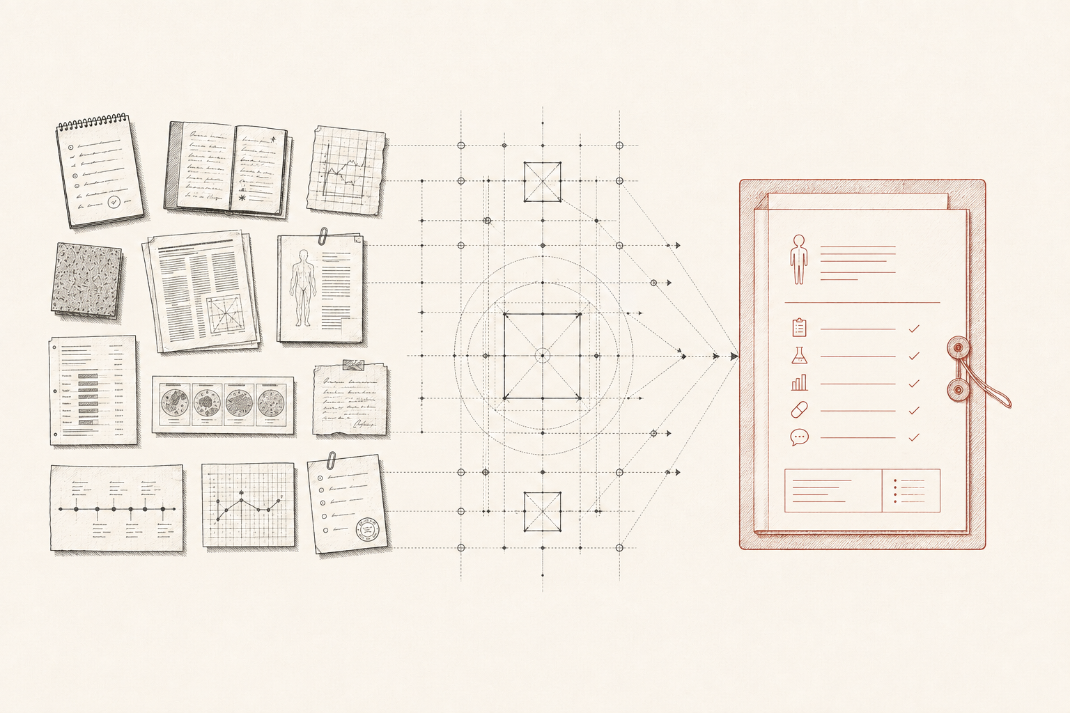 Illustration of the Patient Advocacy Assembly: hundreds of papers, guidelines, and resources gathered into one disease-specific library and a finished evidence packet.