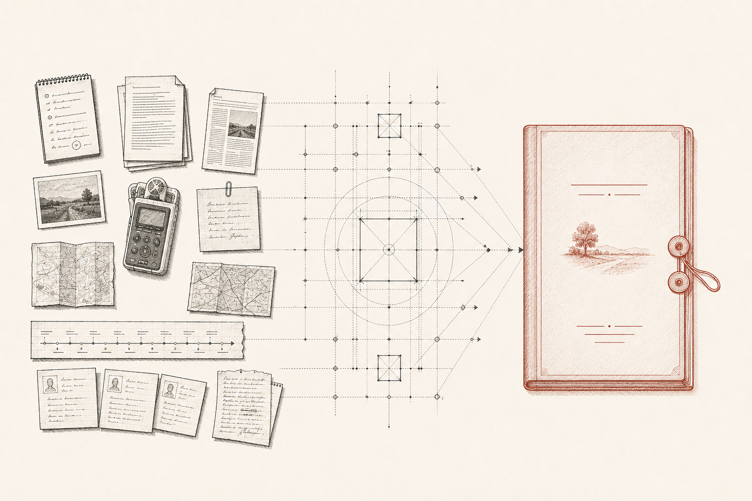 Illustration of the Writer Assembly: drafts, interviews, research, photographs, maps, timelines, and characters gathered into one connected manuscript.