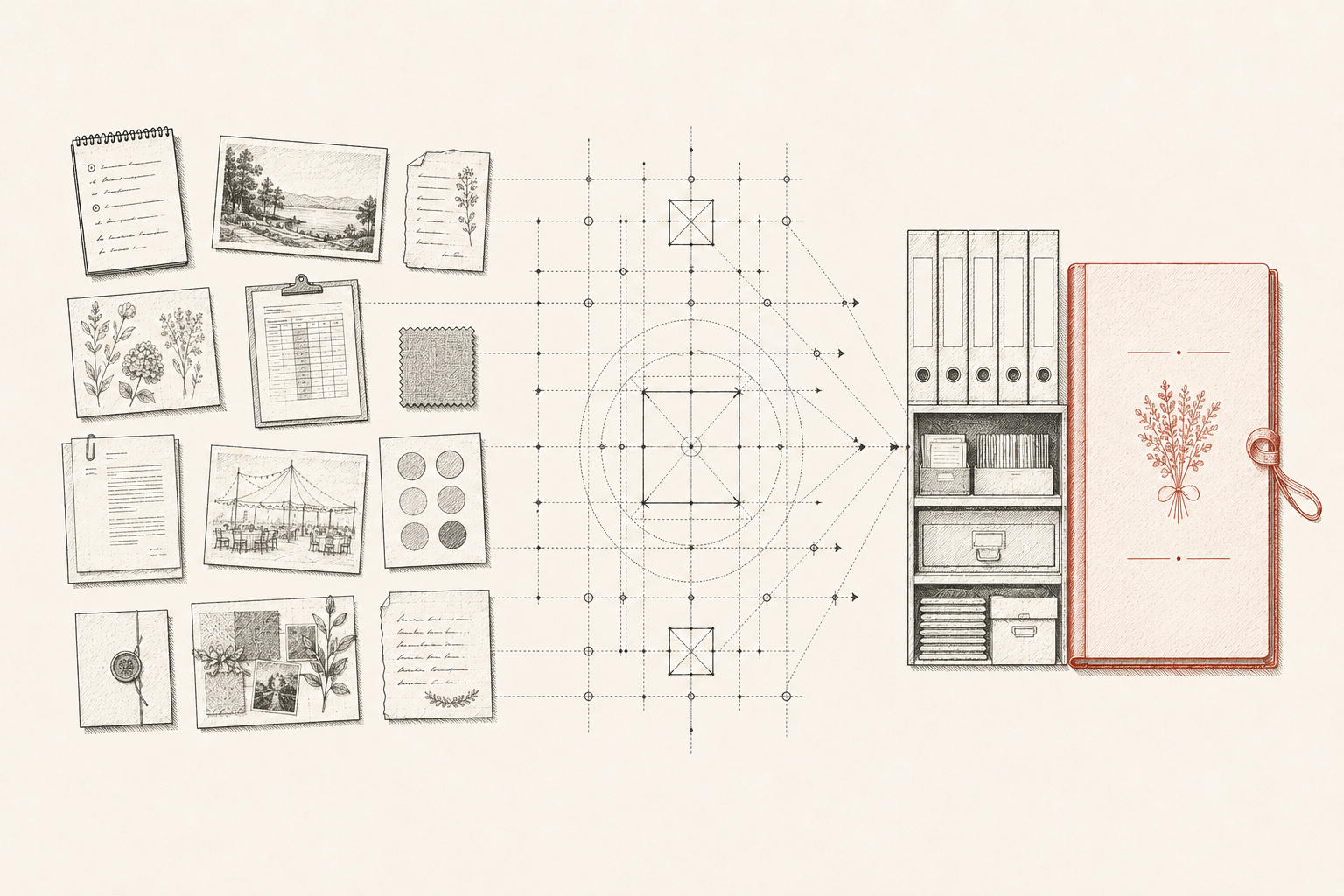 Illustration of the Wedding Design Assembly: intake, site analysis, editorial direction, and vendor documentation gathered into one design practice and a keepsake book.