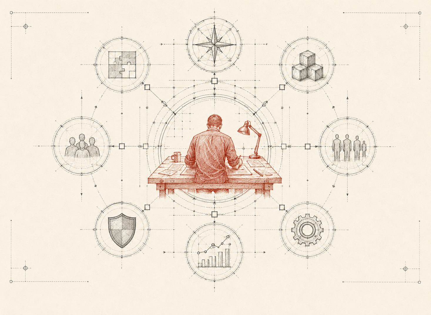 Technical plate of a business assembled: a central person-and-work core connected to strategy, systems, offering, people, clients, brand, operations, and financials.