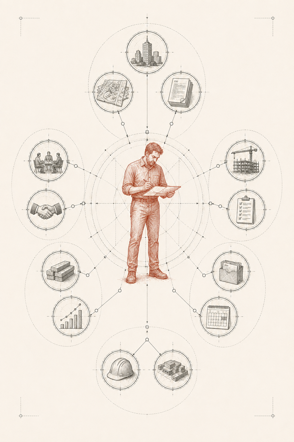 Technical plate of the Real Estate Developer anatomy: a central developer-and-work core with twelve numbered callouts arranged around one week.