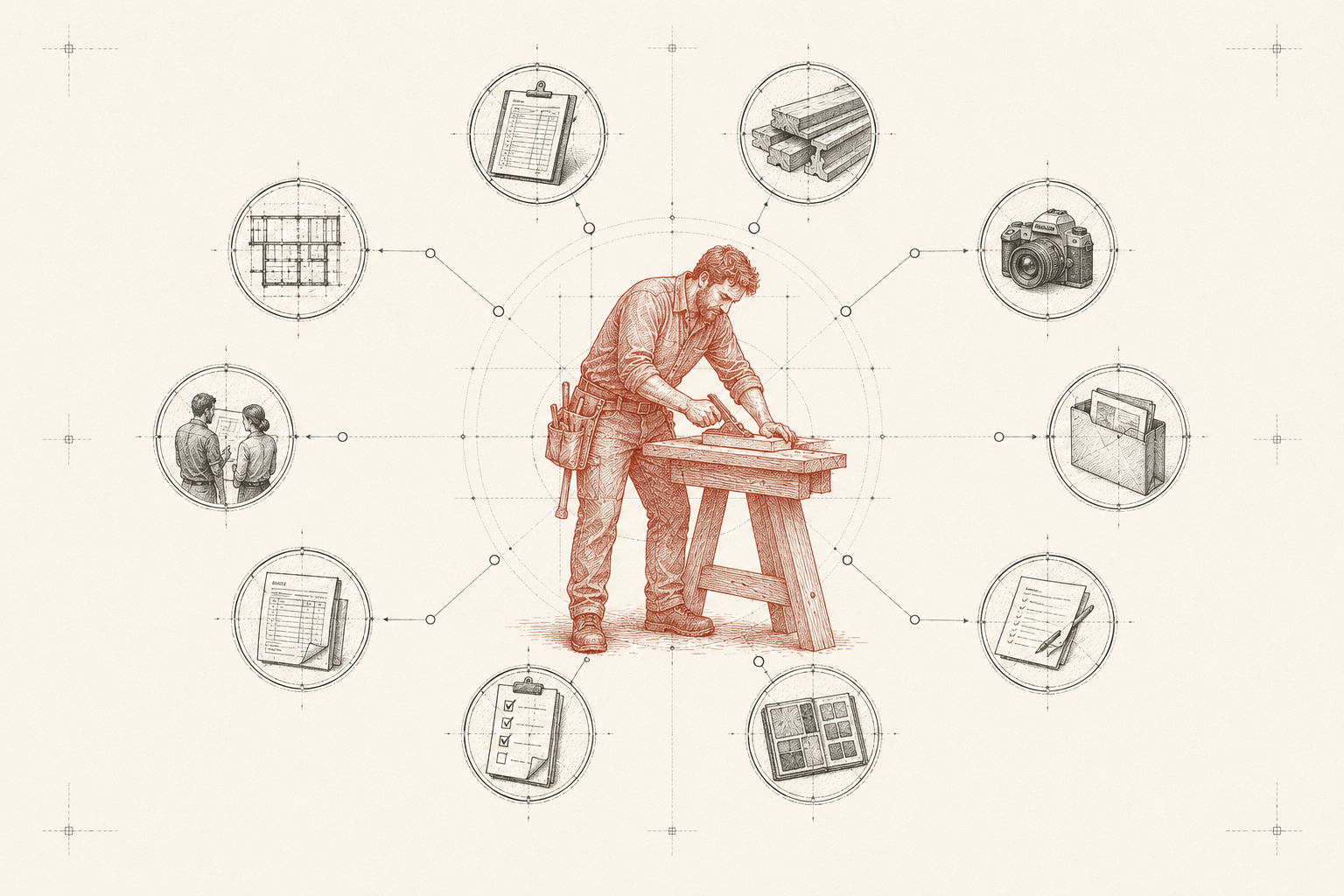 Plate T-03, the Carpenter anatomy: a central carpenter core with ten numbered callouts arranged around one job: bids, change orders, cut lists, schedule, clients, materials, photography, invoices, punch list, and portfolio.