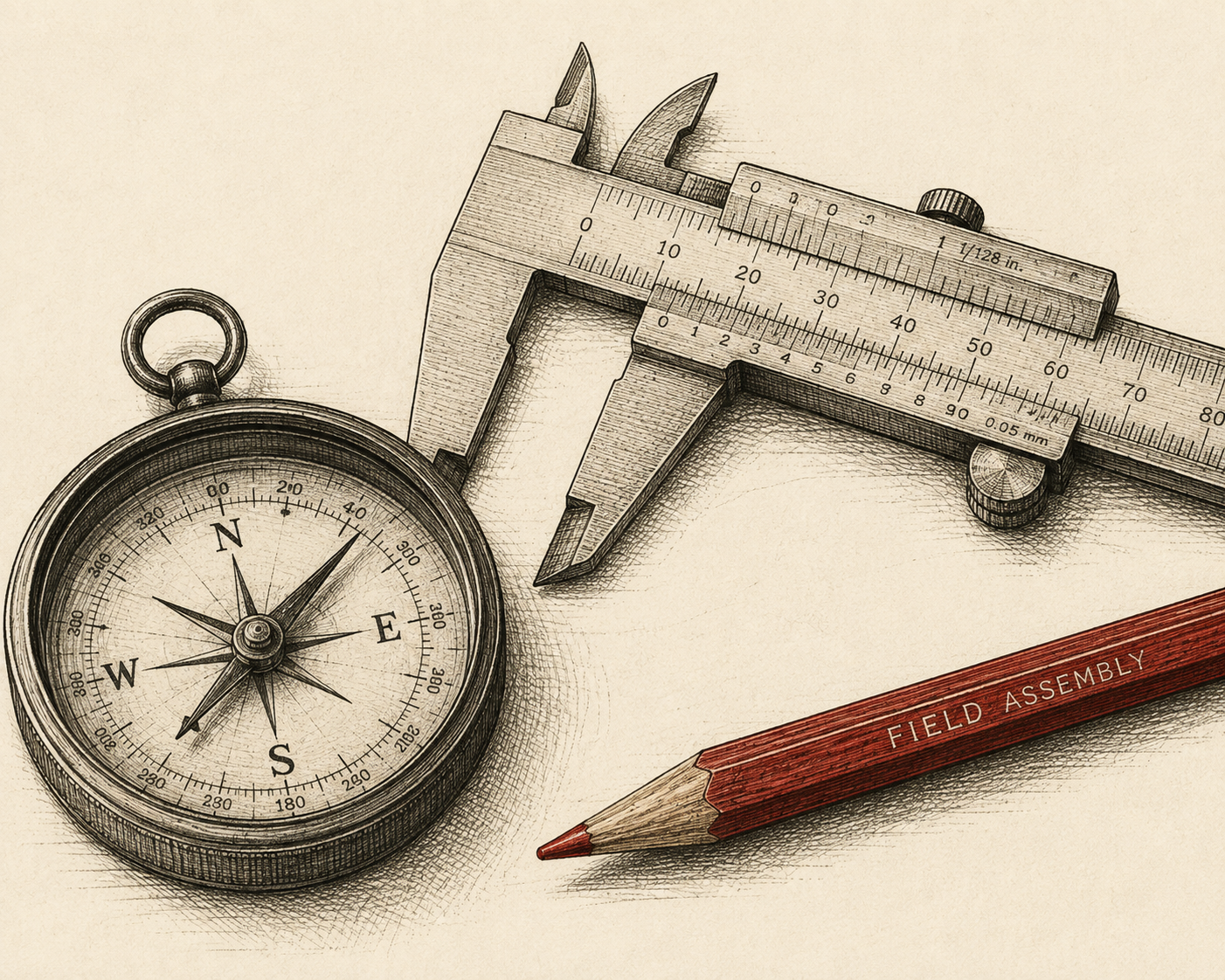Ink drawing of a pocket compass, a vernier caliper, and a red pencil stamped Field Assembly.